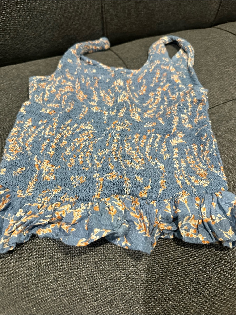 Japna Blue Floral Smocked Tank Top with Ruffle Hem